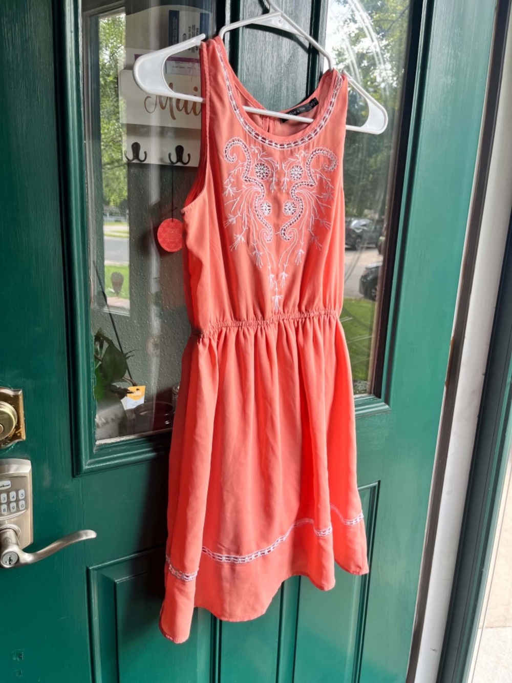 Doe & Rae Size Small Peach Summer Dress White Embroidered Sleeveless